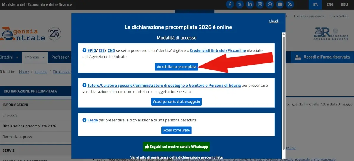 Screenshot del sito dell'agenzia delle entrate in cui una freccia indica il pulsante accedi alla tua precompilata.
