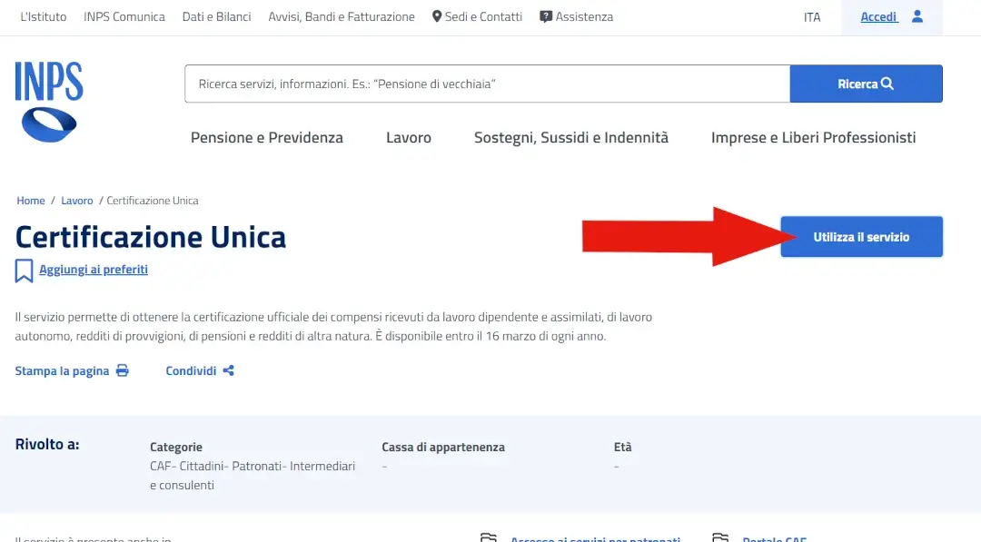Screenshot della pagina INPS del servizio Certificazione Unica.