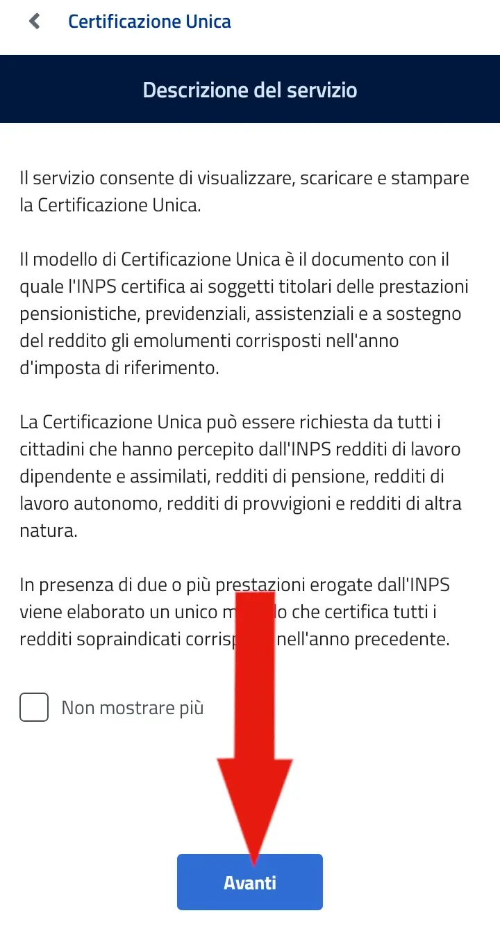 Screenshot della conferma di accesso al servizio certificazione unica su Inps Mobile.