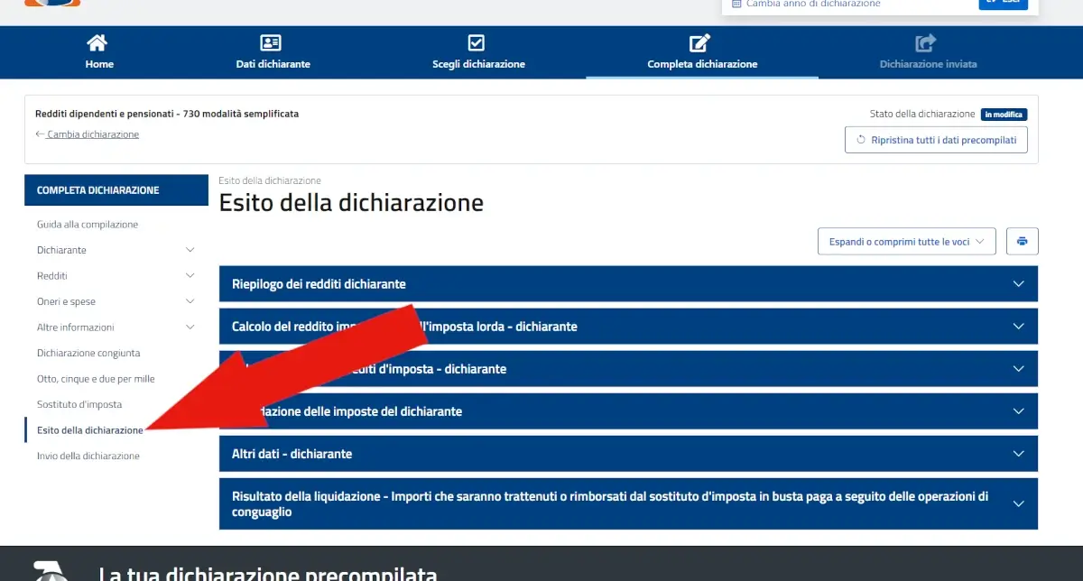 Screenshot dell'ultimo passaggio della dichiarazione 730 dedicato all'esito e riassunto delle informazioni inserite e rilevate dall'agenzia.