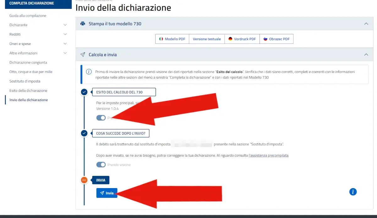 Nell'immagine il passaggio finale di invio della dichiarazione dei redditi 730 precompilato da cui cliccare invia.