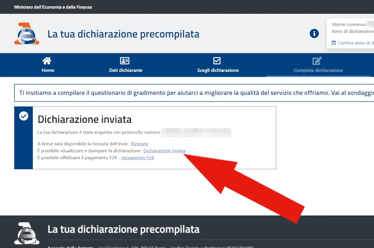 Nell'immagine la freccia indica le voci per scaricare la ricevuta e la dichiarazione 730 dei redditi appena inviata.
