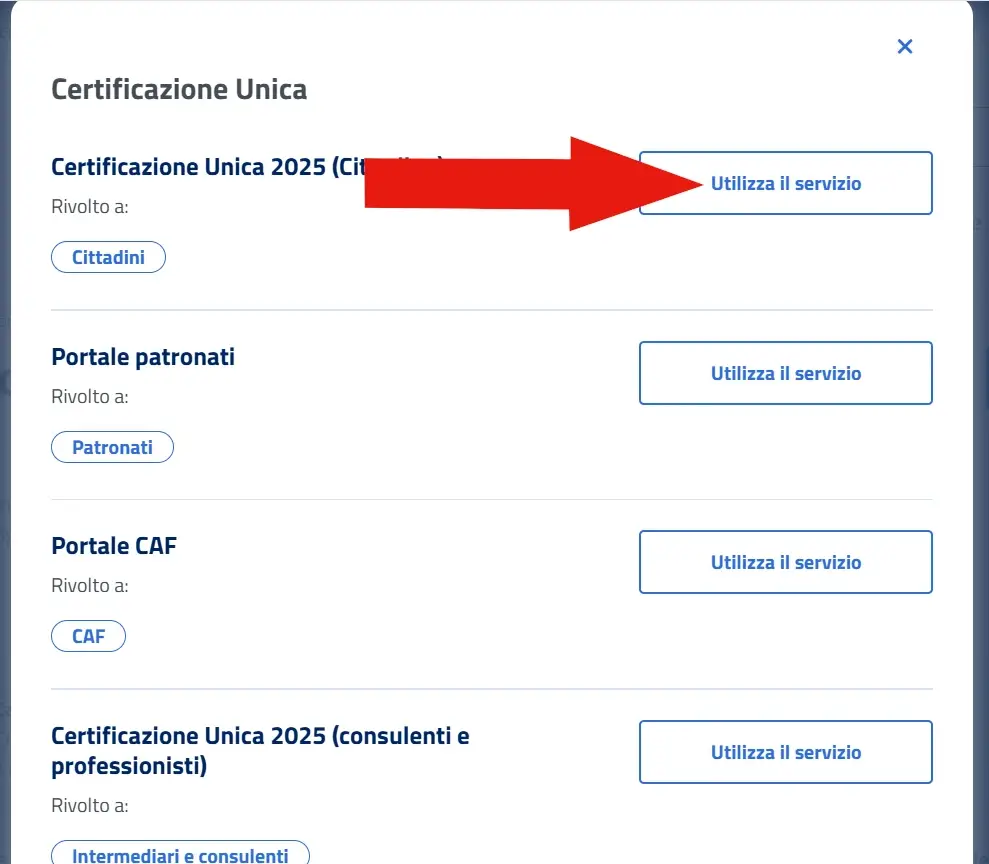 Scrennshot della schermata in cui selezionare l'accesso come cittadino alla certificazione unica