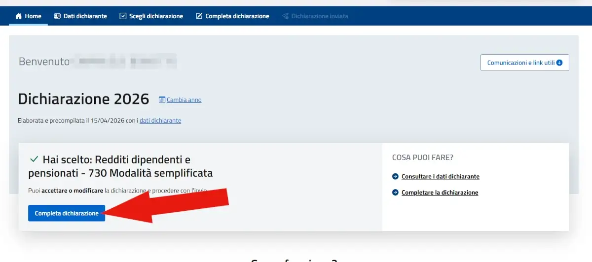 Screenshot della prima pagina della dichiarazione dove cliccare completa la dichiarazione.