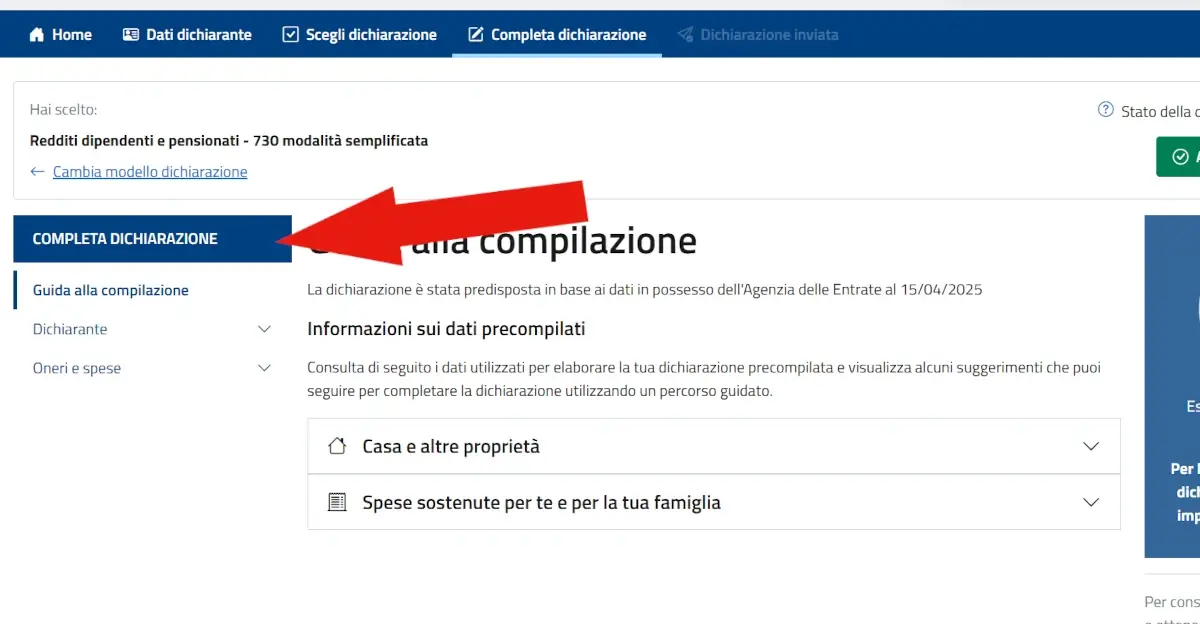 Nello screenshot del sito agenzia entrate, una freccia indica il menù di sinistra da cui selezionare le voci dei dati precompilati da verificare.