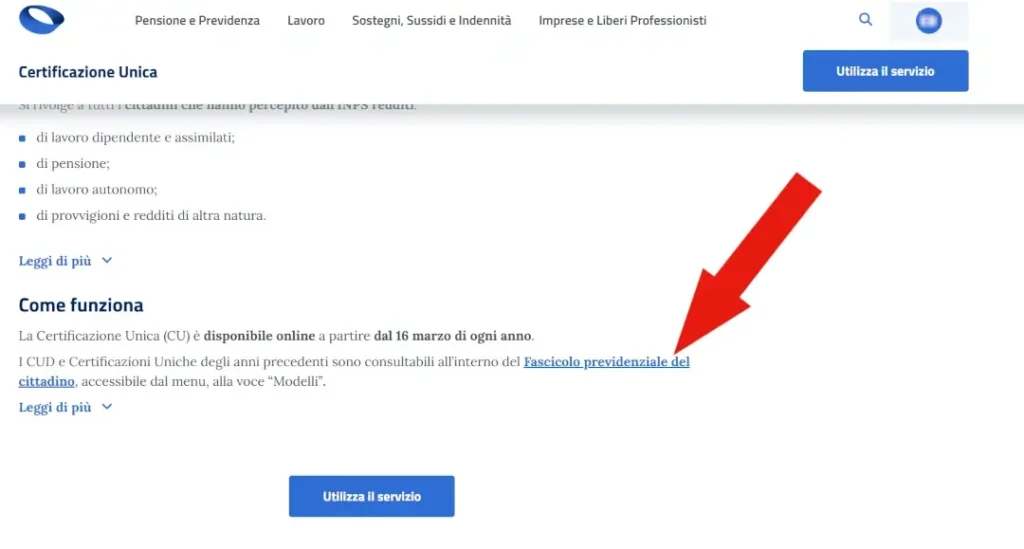 Screenshot della pagina INPS per la certificazione unica, su cui è presente un link per andare al fascicolo previdenziale del cittadino.