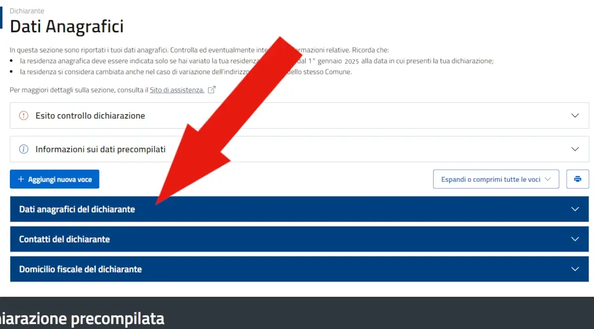 Screenshot dei data anagrafici del dichiarante e delle sezioni da modificare o accettare.