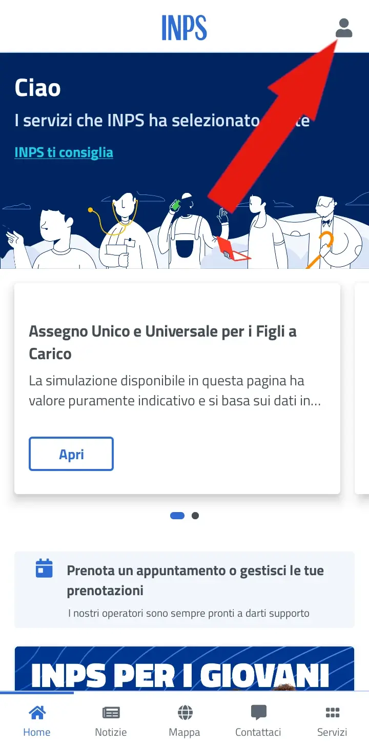 Screenshot della homepage dell'app Inps Mobile e l'icona da cliccare per fare l'accesso.