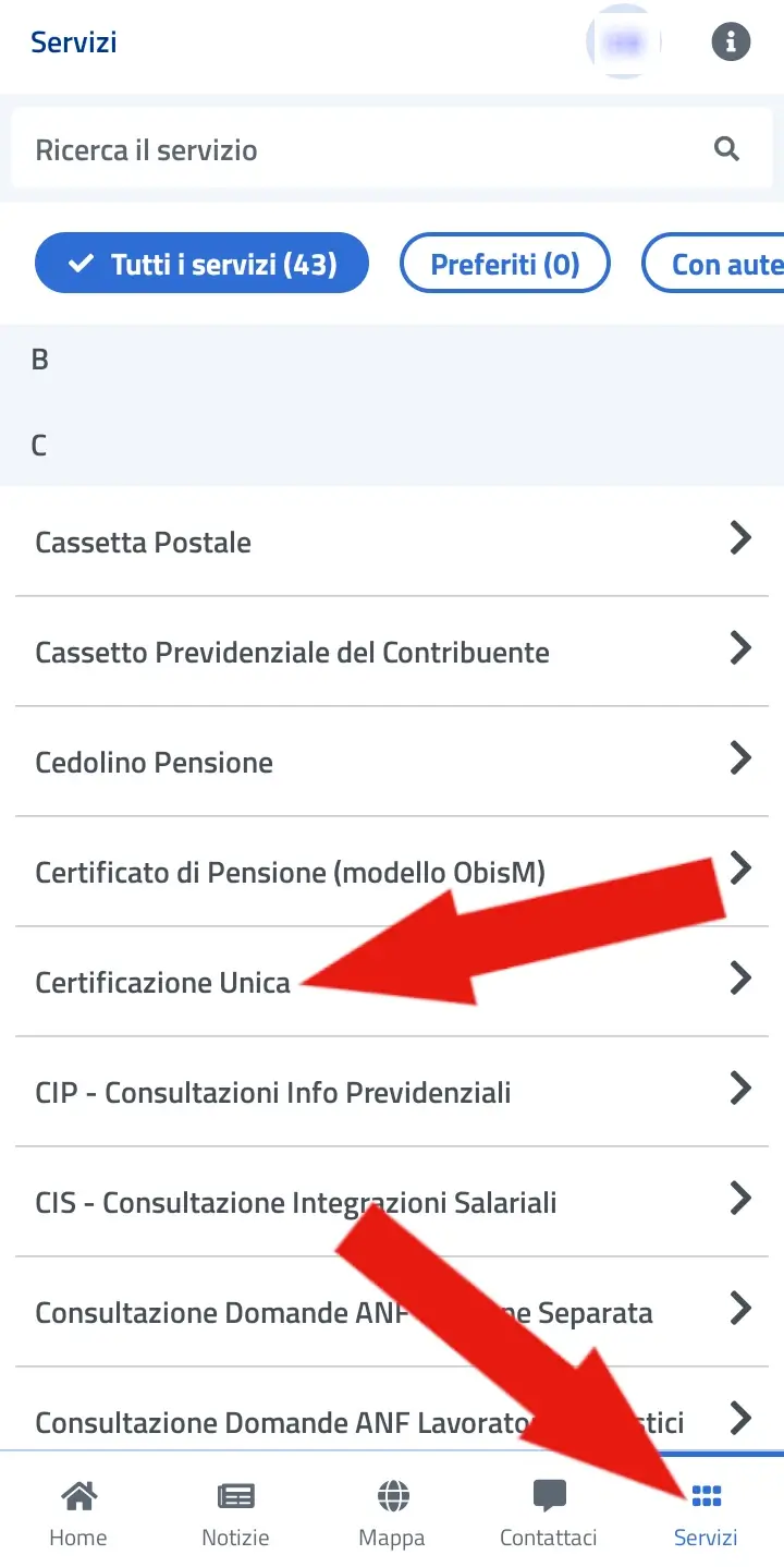 Screenshot dell'elenco dei servizio su Inps Mobile e la voce Certificazione Unica da cliccare.