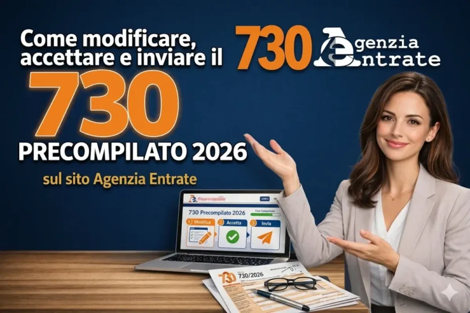 Immagine in evidenza della guida per inviare il 730 precompilato, in cui una donna davanti a un PC indica il titolo della guida.