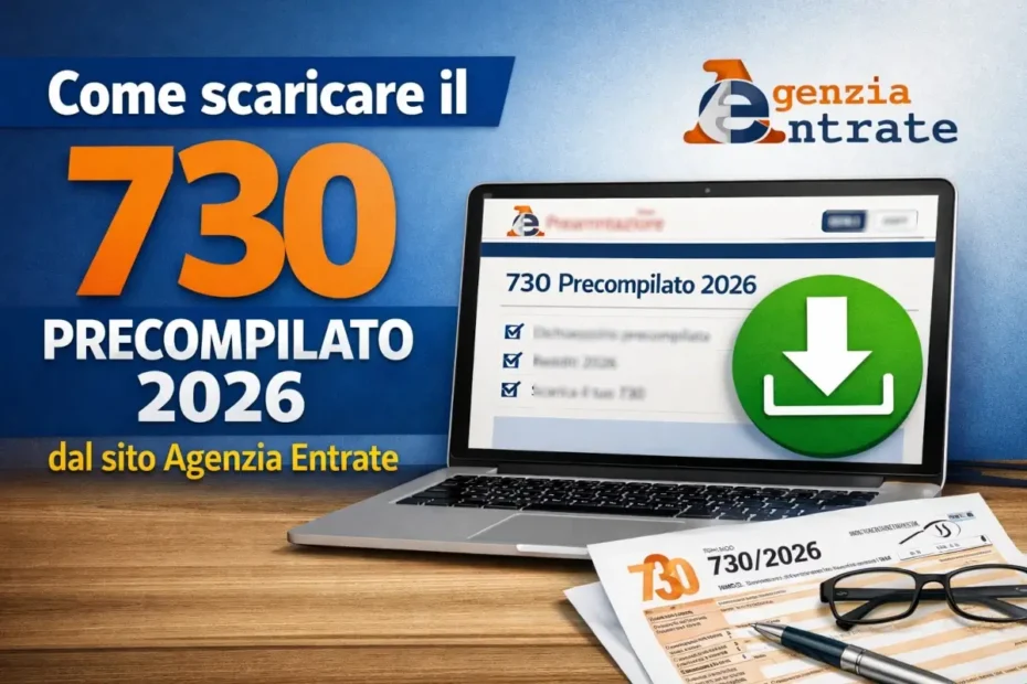 Uno schermo di un portatile con aperto il sito dell'agenzia delle entrate e la scritta Come scaricare il 730 precompilato 2026.