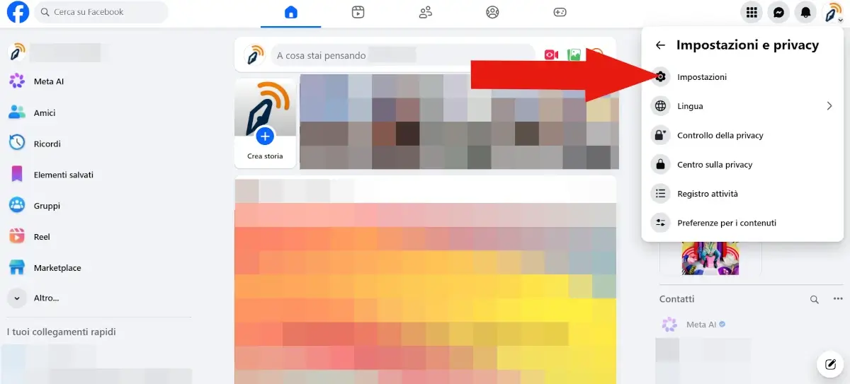 Screenshot del menù impostazioni e privacy di Facebook su browser.