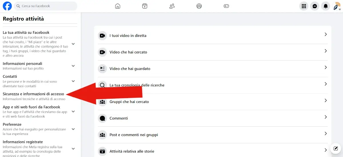 Screenshot della pagina registro attività sul sito di Facebook. Una freccia indica la voce sicurezza e informazioni di accesso da cliccare.