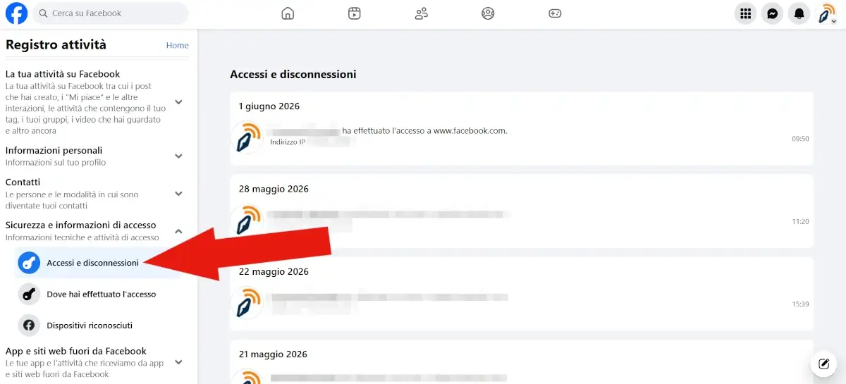 Screenshot della sezione registro accessi e disconnessioni sul sito di Facebook che mostra l'elenco degli accessi e IP.