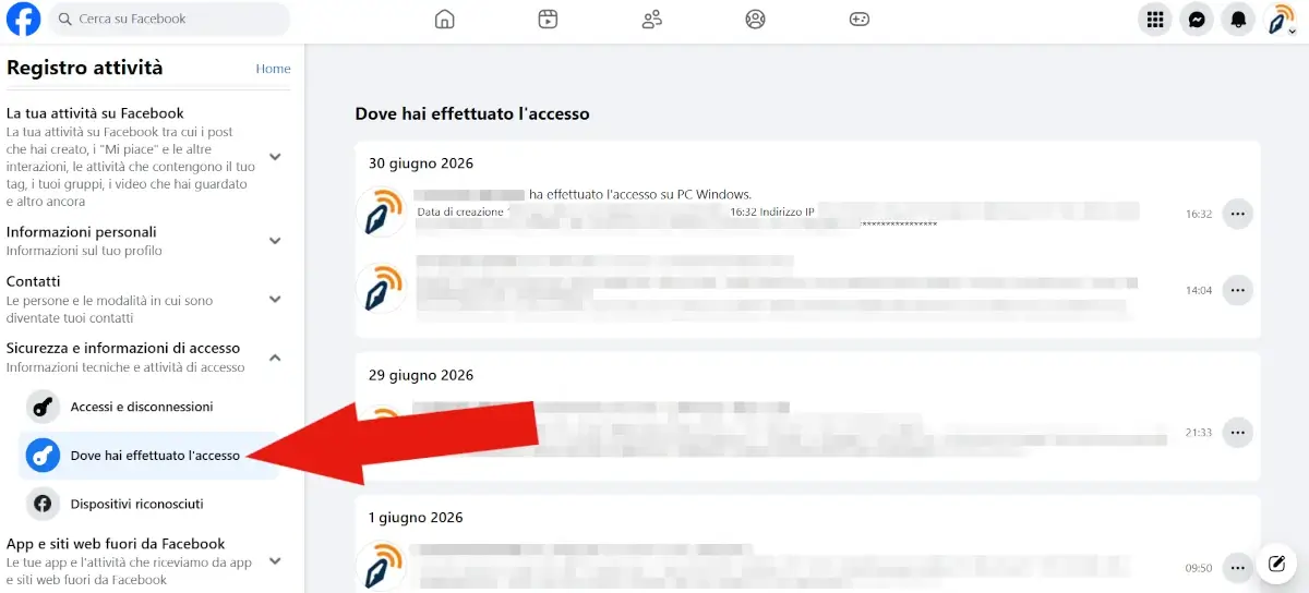 Screenshot della sezione Dove hai effettuato l'accesso del registro attività accessi e disconnessioni sul sito di facebook.