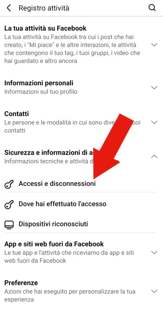 Screensho della voce sicurezza e informazioni. Una freccia indica la voce del sottomenù Accesso e disconnessioni.