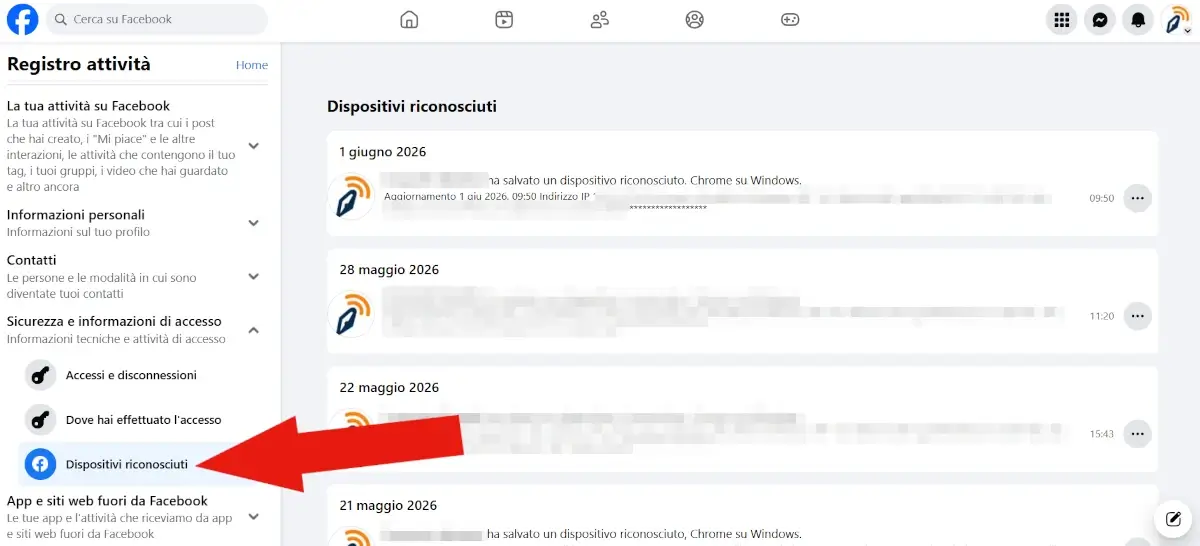 Screenshot della sezione Dispositivi riconosciuti nel registro attività della sicurezza e informazioni accesso sul sito di Facebook.