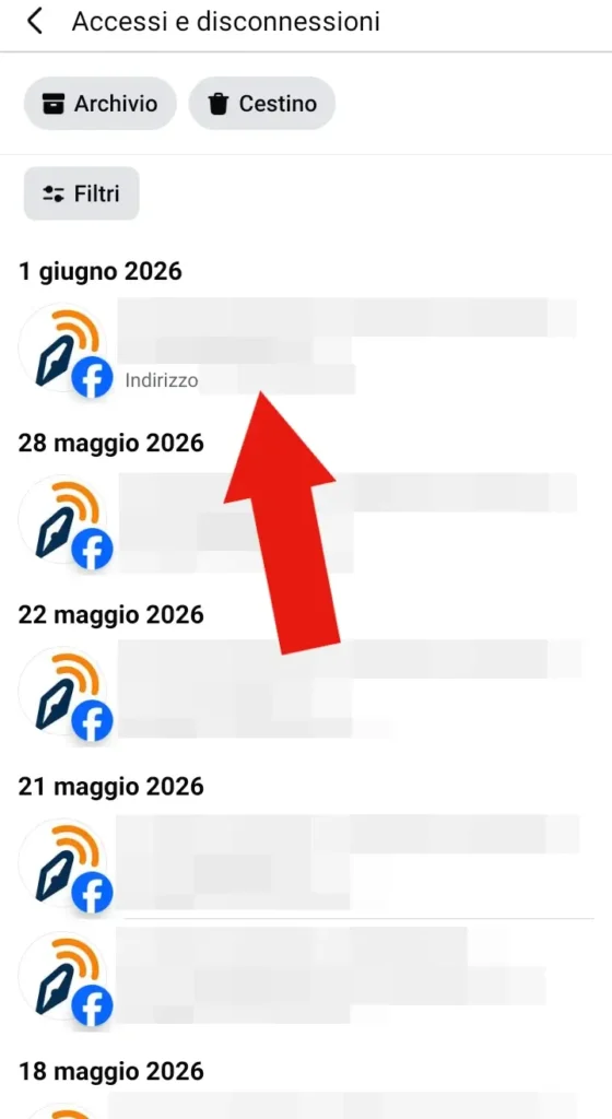 Screenshot dell'elenco degli accessi e disconnessioni all'account Facebook.