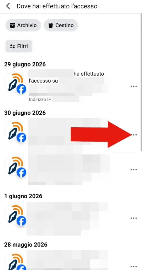 Screenshot della pagina con l'elenco dei luoghi da cui sono stati rilevati gli accessi a Facebook.