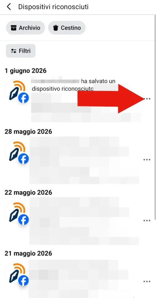 Screenshot della sezione Dispositivi riconosciuti con l'elenco di quelli autorizzati all'attività su Facebook.