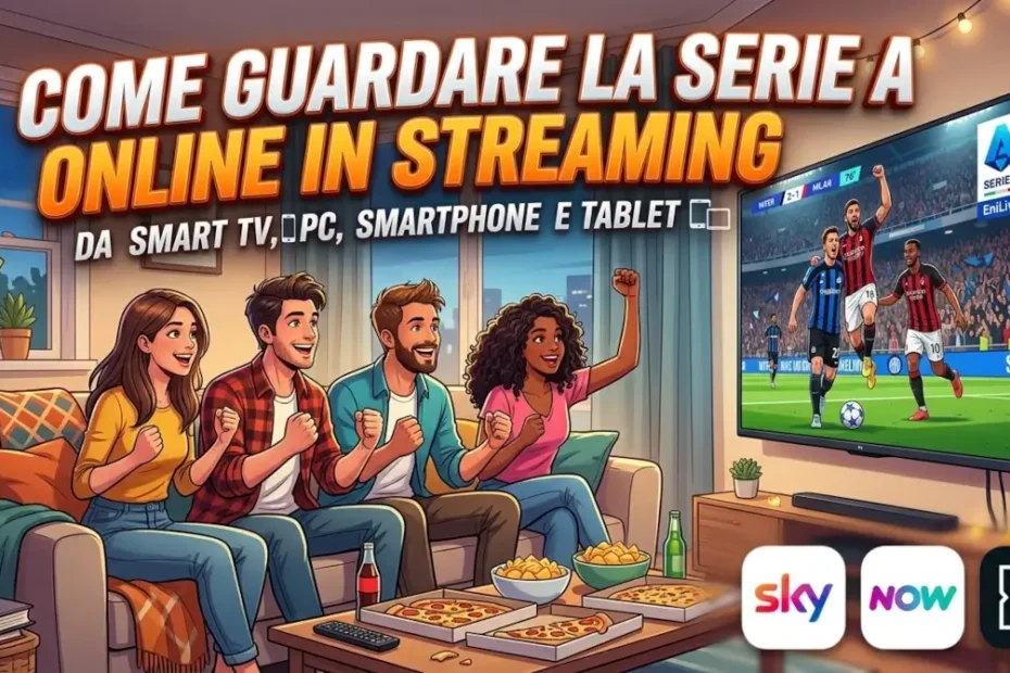 Immagine in evidenza per la guida che spiega come guardare la serie a online in streaming, raffigurante un gruppo di amici sul divano che guarda una partita in TV.