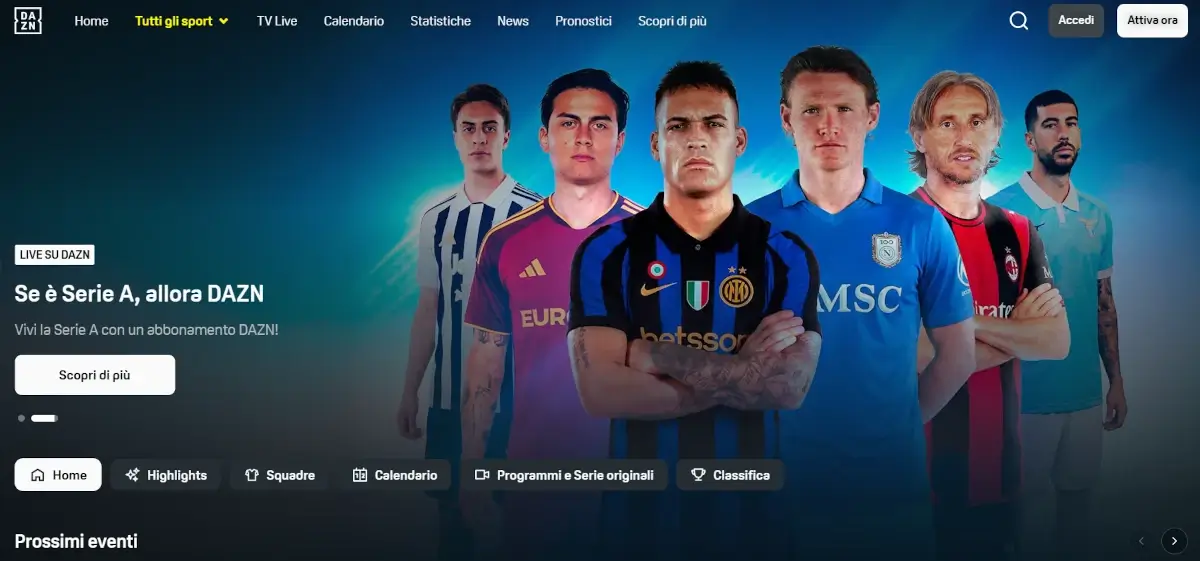 Screenshot del sito di Dazn della pagina dedicata alla serie A 2026 con i tasti Scopri di più e per attivare l'abbonamento.