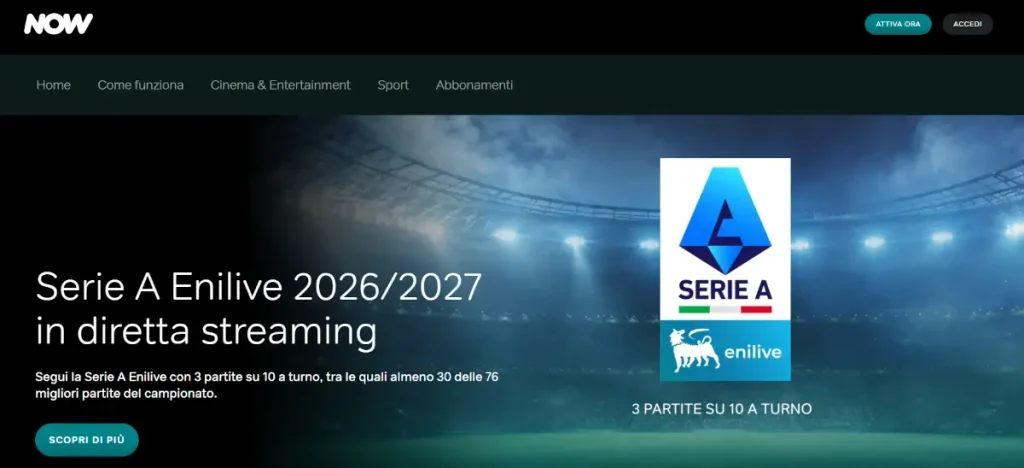 Screenshot del sito di NOW alla pagina dedicata alla Serie A Enilive 2026 con il tasto Scopri di più.