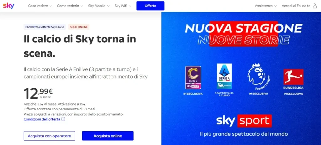 Screenshot del sito di Sky della pagina che fornisce informazioni sul pacchetto SKY Calcio con i tasti per avere maggiori informazioni e abbonarsi.