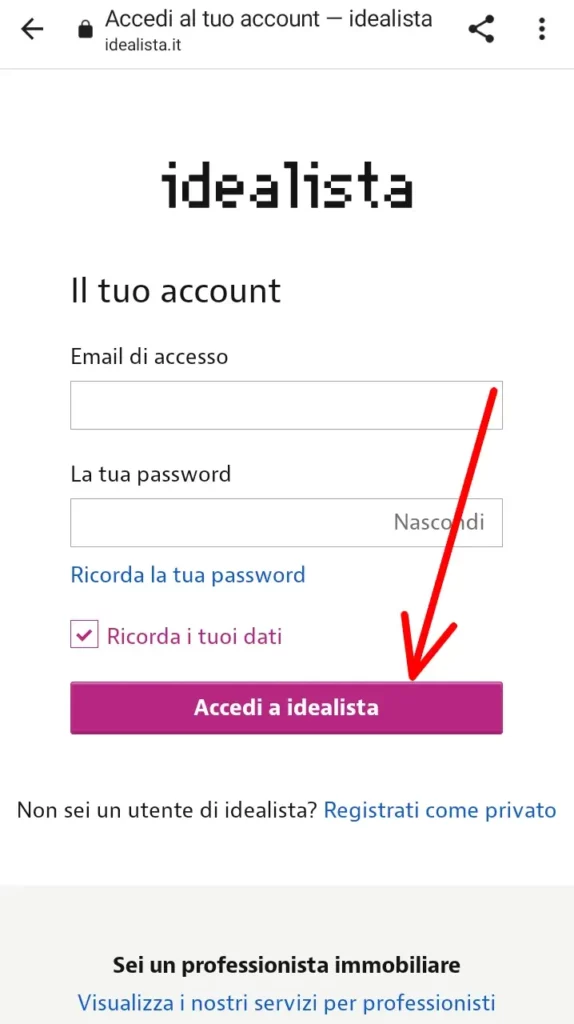 Fai l'accesso a idealista con email e password