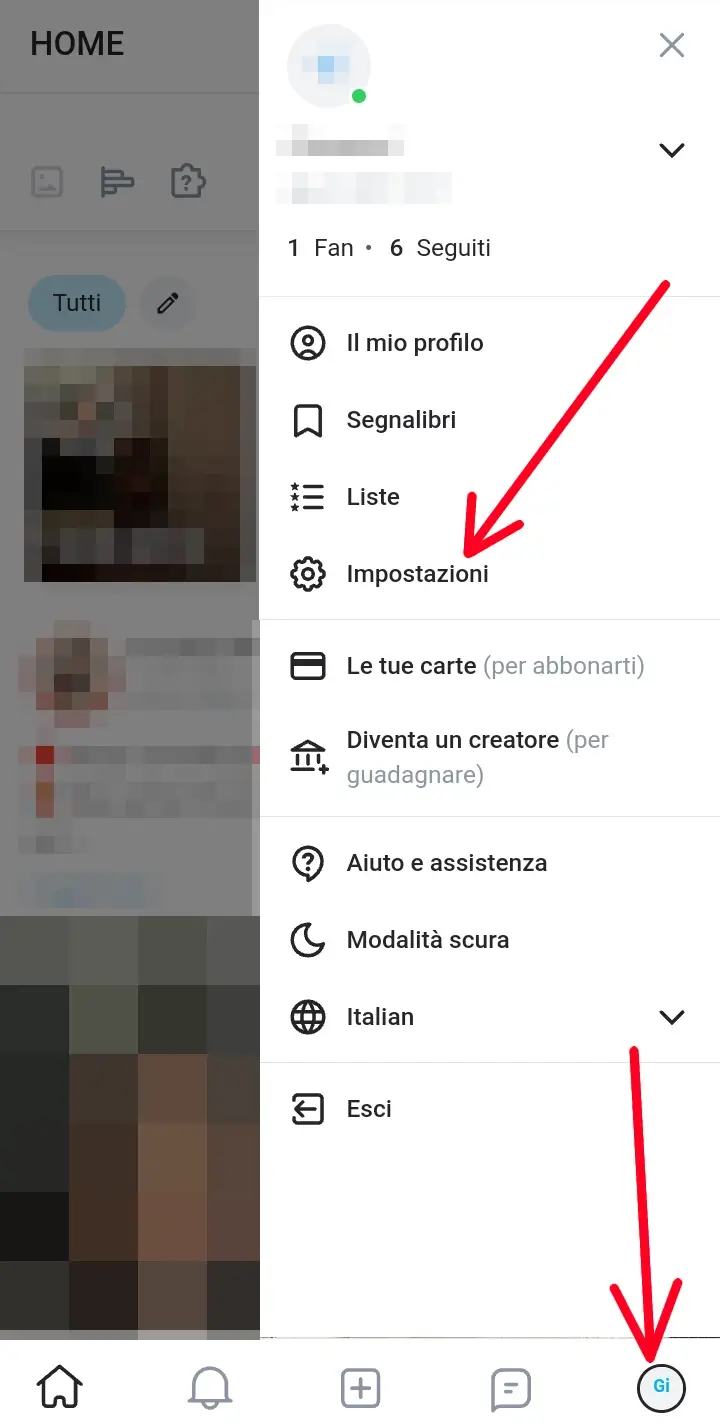 Nell'immagine il menù da smartphone su Onlyfans da cui cliccare su impostazione per cancellarsi.