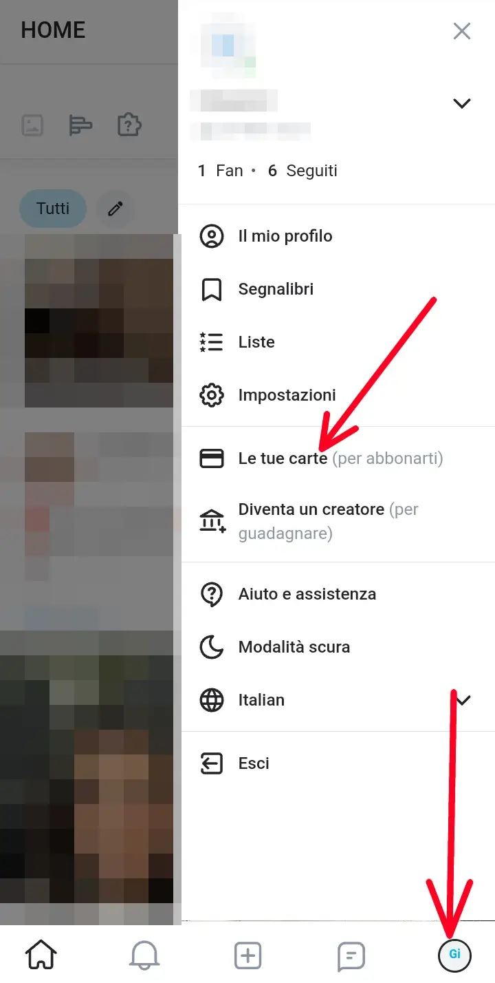 L'immagine mostra da smartphone il menù da cui selezionare la voce le tue carte su Onlyfans