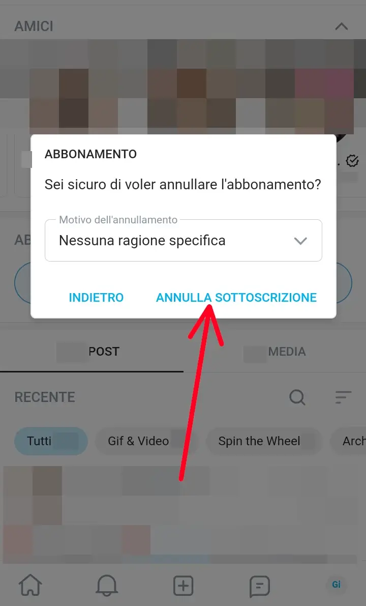 L'immagine mostra il riquadro da cui selezionare il motivo e per annullare l'abbonamento Onlyfans