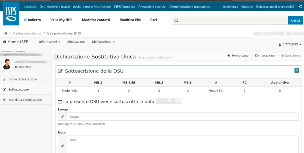 Scrivi il luogo ed eventuali note per l'inps