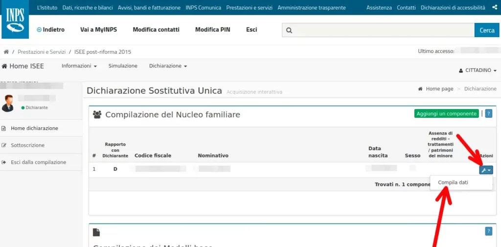 Isee Dottorato - 14 inserisci tutti i dati richiesti per il componente