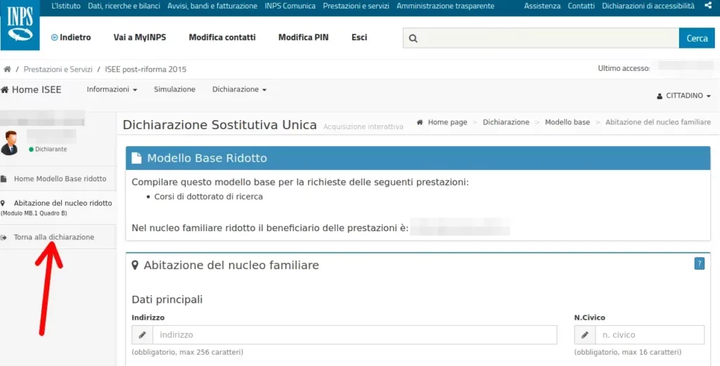 Isee Dottorato - 19 torna alla dichiarazione dopo aver inserito la dimora