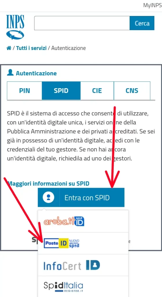 2 da smartphone tramite otp - clicca su entra con spid e seleziona posteid