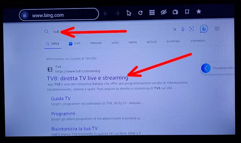 Nella ricerca scrivi Tv8 e clicca su diretta tv e streaming