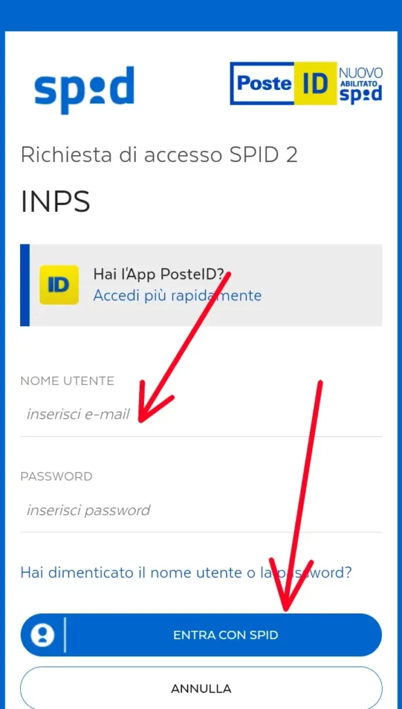 3 PosteID da smartphone - inserisci credenziali e clicca entra con spid