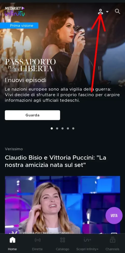 Per usufruire dei contenuti mediaset clicca su icona omino per accesso