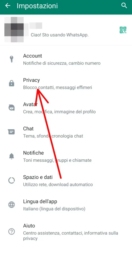 Ora clicca su privacy per le impostazioni di whatsapp