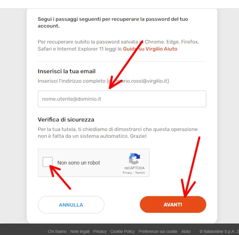 Inserisci la tua mail virgilio e clicca su avanti per recuperare la password