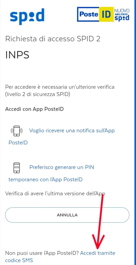 4 accedere con PosteID da smartphone - clicca su accedi tramite codice sms