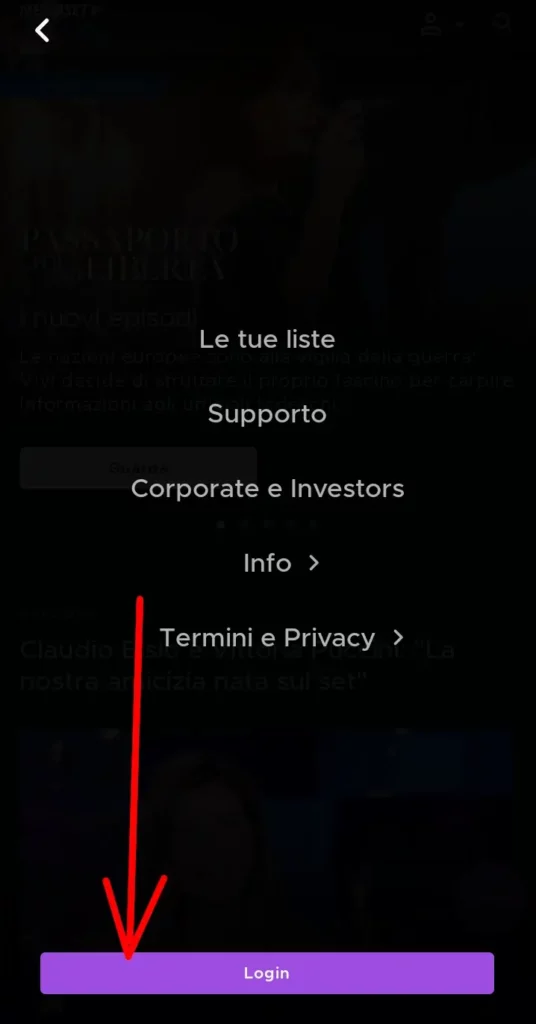 Dal menù sul fondo clicca su login per accedere ad infinity