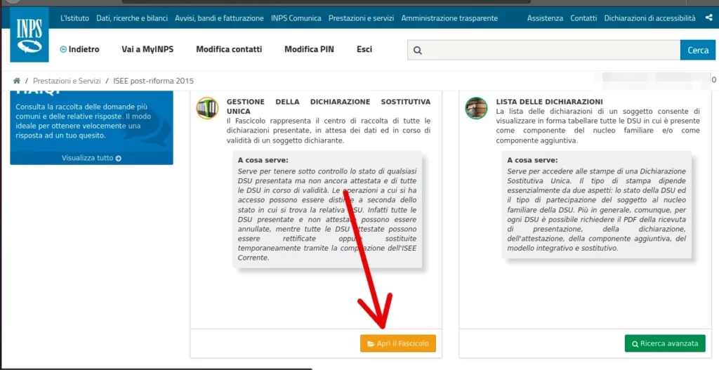 dalla pagina dell'isee ordinario clicca su apri fascicolo