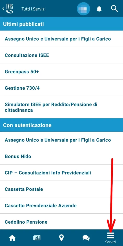 Scegliere il servizio tra i servizi disponibili, ad esempio il cassetto previdenziale