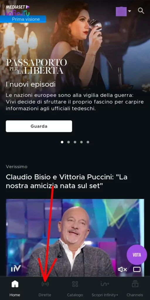 Clicca su diretta per la diretta dei canali mediaset infinity