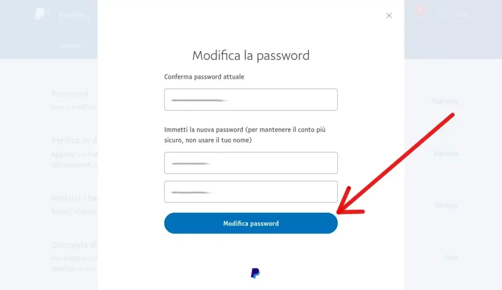 Inserisci la password attuale, quella nuova due volte e clicca modifica password.
