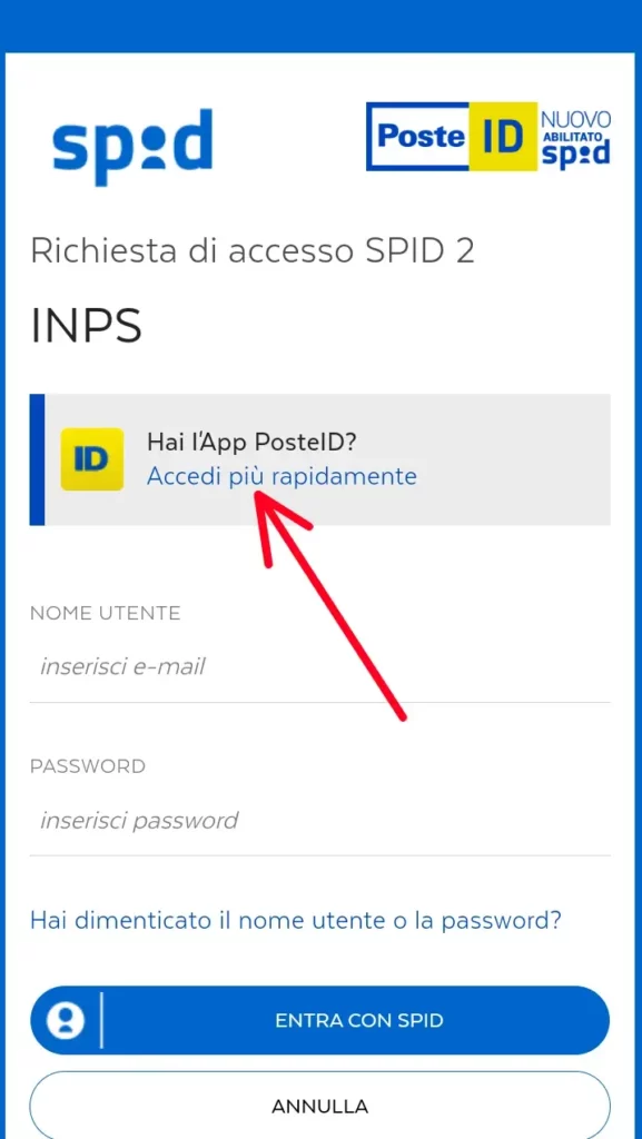 5 accedere sito Inps da smartphone su app - clicca su accedi piu rapidamente