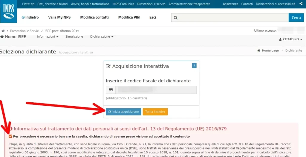 Isee dottorandi 7 - fornisci il consenso e clicca su inizia acquisizione sotto codice fiscale