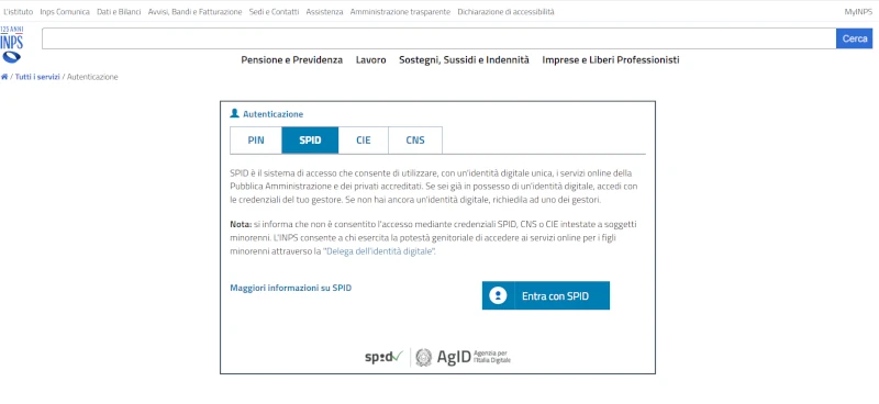Devi fare l'accesso al sito inps con spid, cie o cns